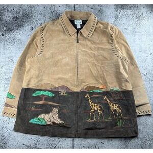 The Quacker‎ Factory Jacket Women 3X Brown Suede Leather Safari Animals Tiger